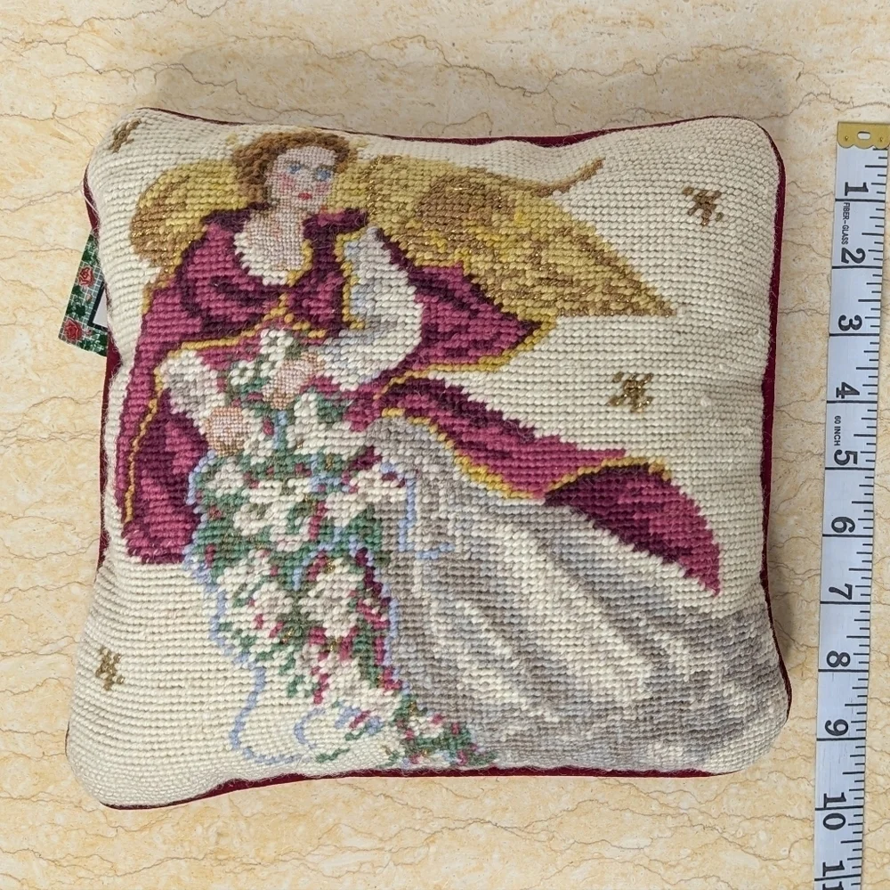 Vintage Style Needlepoint Christmas Holiday Angel Small Wool Pillow NWT